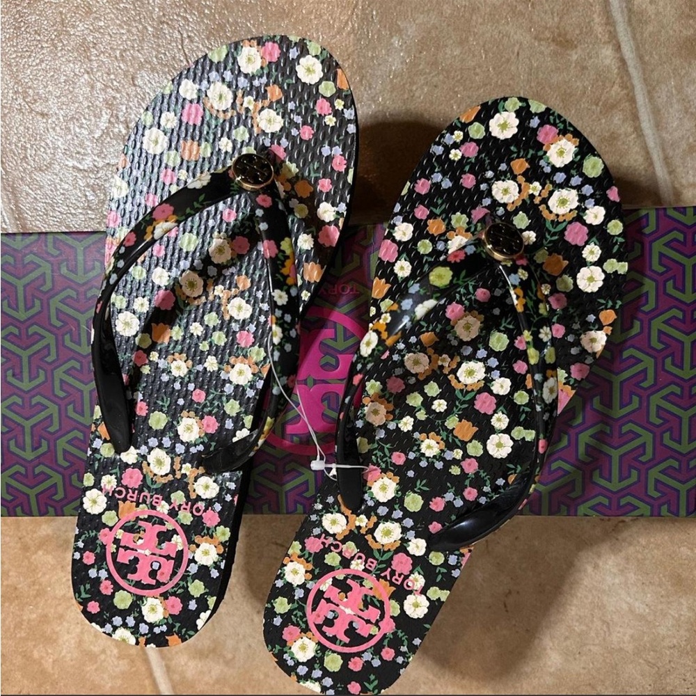 Tory Burch Black Floral Flip Flops